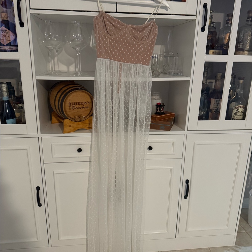 White Fox Elegant Tan and White Polka Dot Maxi Dress (shorts included)